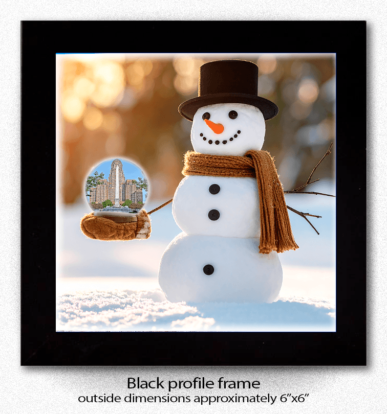 Snowman Globe Coaster Buffalo features a smiling snowman holding a globe with Buffalo NY's City Hall & McKinley Monument in a black profile frame.