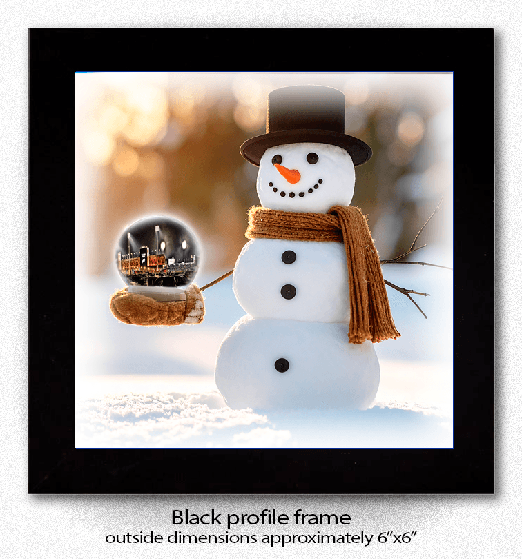 Buffalo Bills Stadium Snowman Coaster features a ceramic snowman holding a snow globe with Highmark Stadium, framed in a 6x6 black profile frame. Ideal for protecting surfaces while showcasing Buffalo landmarks in your home bar or kitchen.