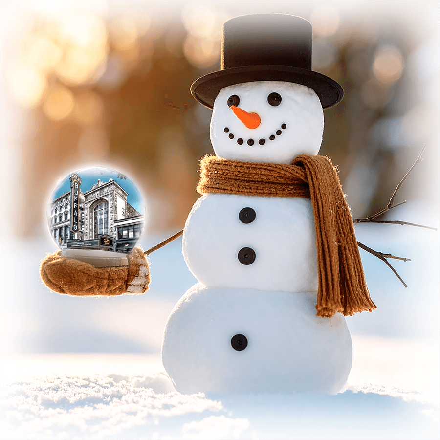 Shea's Buffalo Coaster - Snowman Globe design features a snowman holding a globe with Shea's Theatre, ideal for holiday-themed Buffalo coasters.