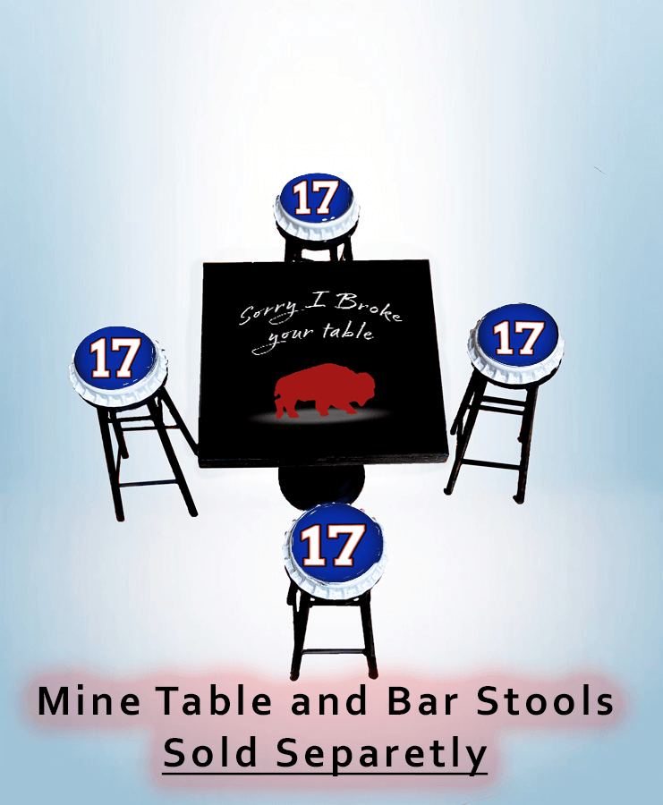 Sorry I Broke Your Table mini table with bold red buffalo graphic and matching bar stools featuring number 17. Compact decor for bar or game rooms.