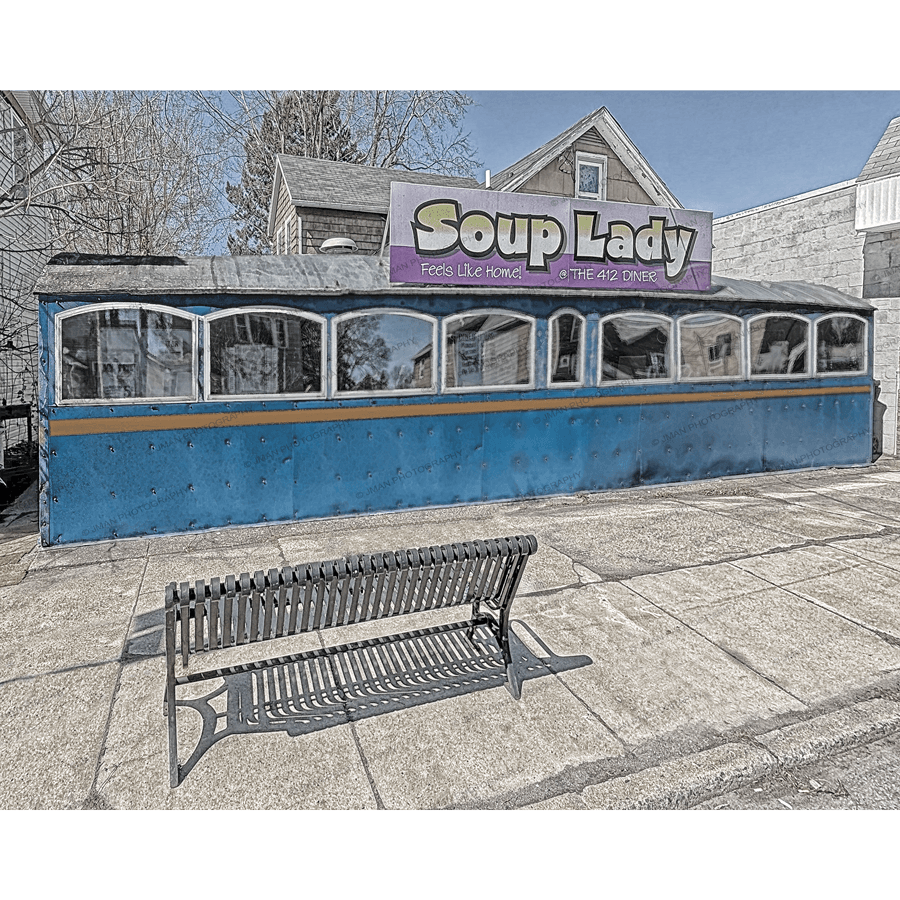 Soup Lady Diner Print - Vintage Photography | 1928 Nostalgia featuring a historic blue diner car with retro signage in Tonawanda, NY.