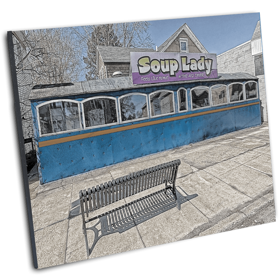 Framed Soup Lady Diner Print - Vintage Photography | 1928 Nostalgia, angled view showing retro diner artwork for home or kitchen decor.