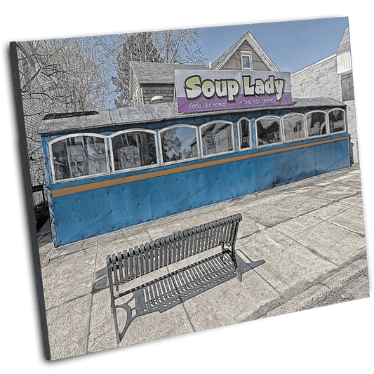 Framed Soup Lady Diner Print - Vintage Photography | 1928 Nostalgia, angled view showing retro diner artwork for home or kitchen decor.