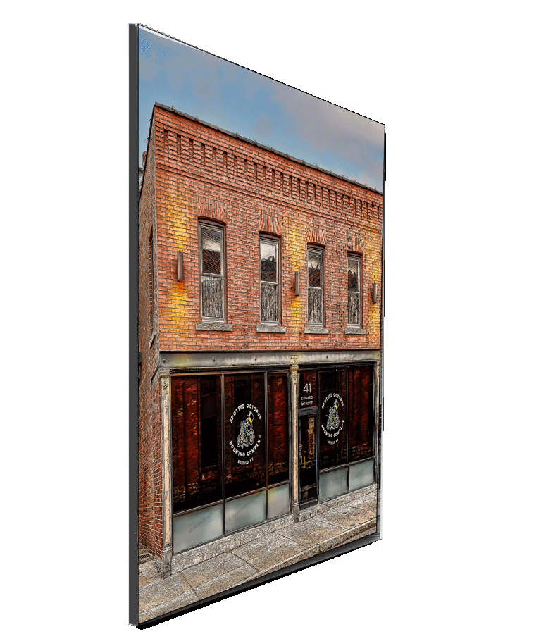 Spotted Octopus Brewing Photography - Taproom & Beer Visuals featuring the brick exterior of Spotted Octopus Brewing Co. in Buffalo, NY. Ideal for home decor with Buffalo landmarks and nano-brewery charm.