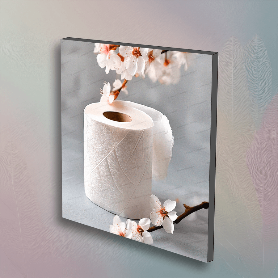 Spring Toilet Paper Art wall decor featuring a white toilet paper roll with cherry blossoms on a 6x6 inch canvas, ideal for bathroom decor.