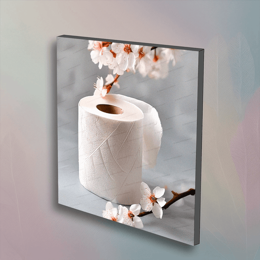 Spring Toilet Paper Art wall decor featuring a white toilet paper roll with cherry blossoms on a 6x6 inch canvas, ideal for bathroom decor.