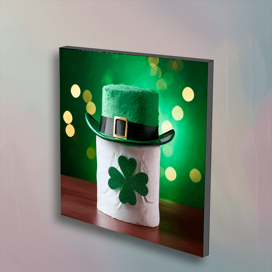 Toilet Paper Wall Art - St. Patrick's Day Decor | 6"x6" featuring a festive toilet paper roll with green leprechaun hat and shamrock design.