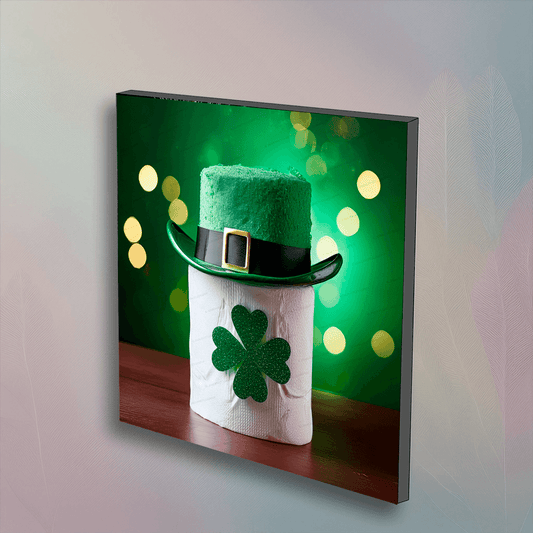 Toilet Paper Wall Art - St. Patrick's Day Decor | 6"x6" featuring a festive toilet paper roll with green leprechaun hat and shamrock design.