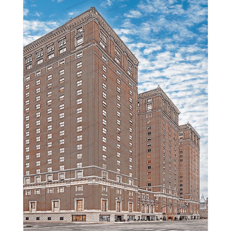 Statler Hotel Towers - Statler Hotel Photography print featuring iconic Buffalo architecture under a blue sky. Ideal for home or office decor.