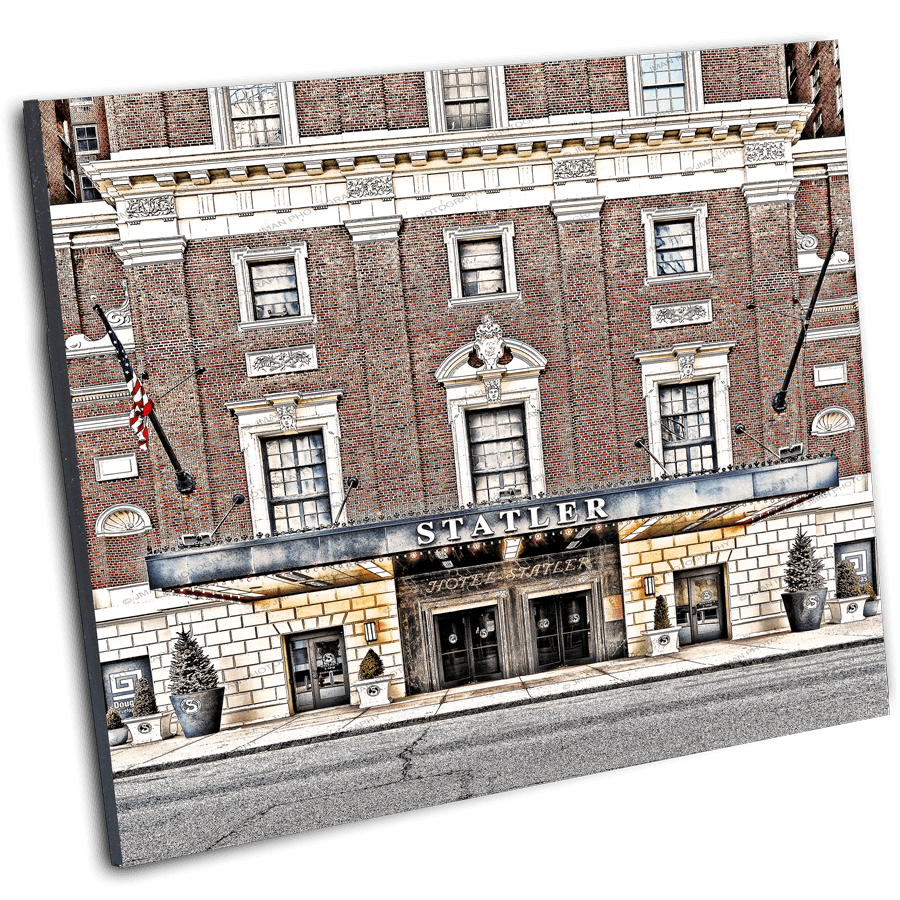 Angled view of Statler Entrance Art Print mounted on black backing, ideal for Buffalo landmark-themed home or office wall decor.