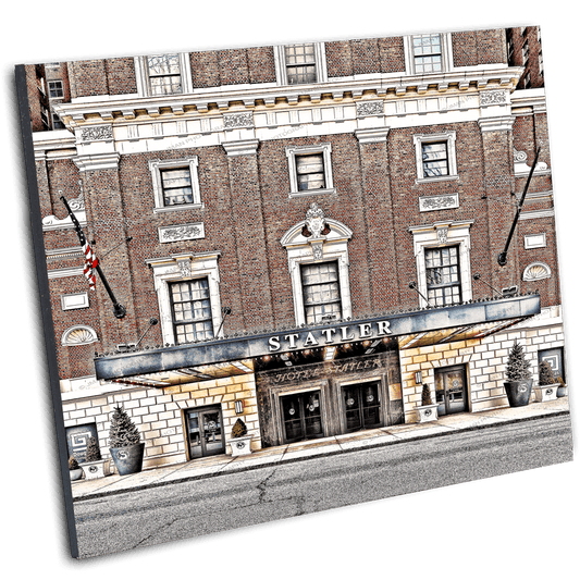 Angled view of Statler Entrance Art Print mounted on black backing, ideal for Buffalo landmark-themed home or office wall decor.