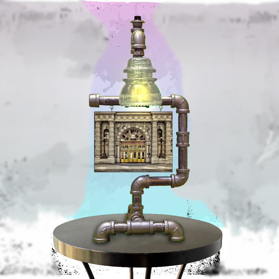 Ellicott Square Photo Steampunk Lamp with clear glass insulator and industrial pipe design, ideal Buffalo decor for home or office lighting.