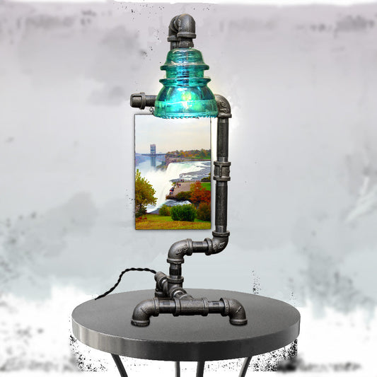 Steampunk Table Lamp with Niagara Falls photo and vintage clear glass insulator, ideal for rustic industrial home decor and handmade lighting accents.