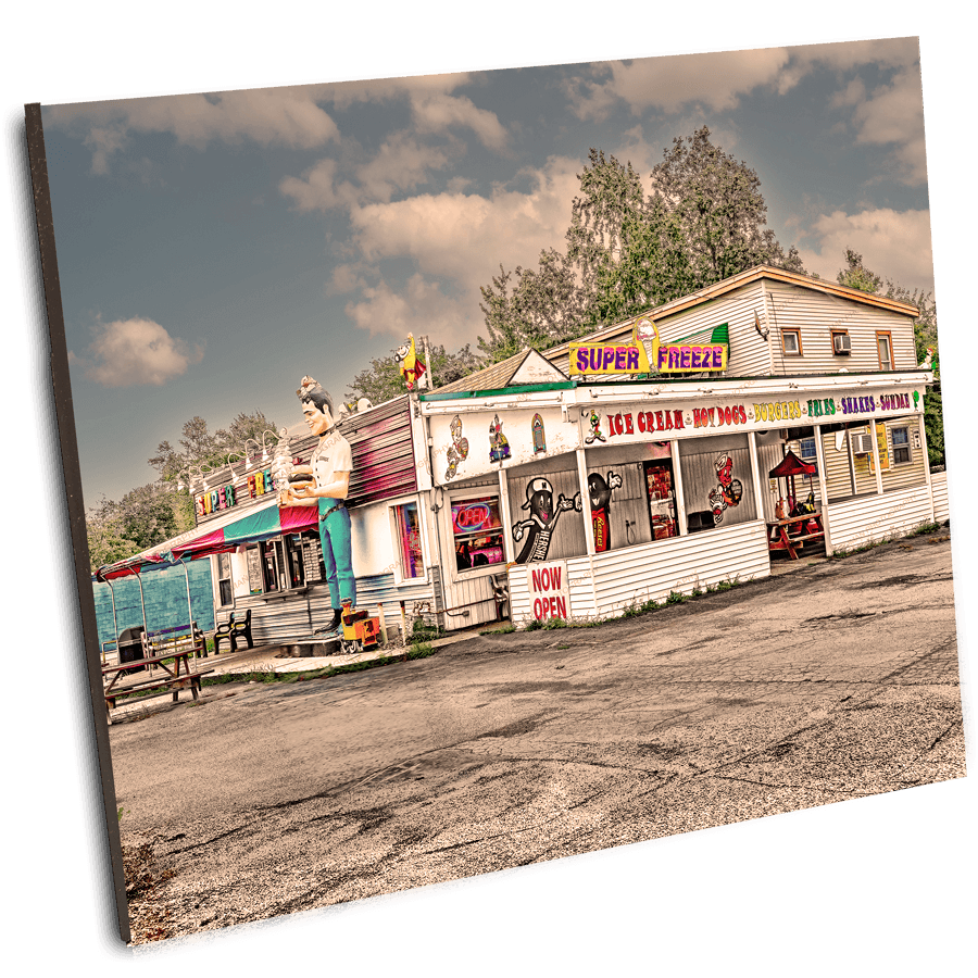 Angled view of Super Freeze Ice Cream Diner - 1950s Art Print, showcasing nostalgic Buffalo landmark perfect for vintage-themed wall art.