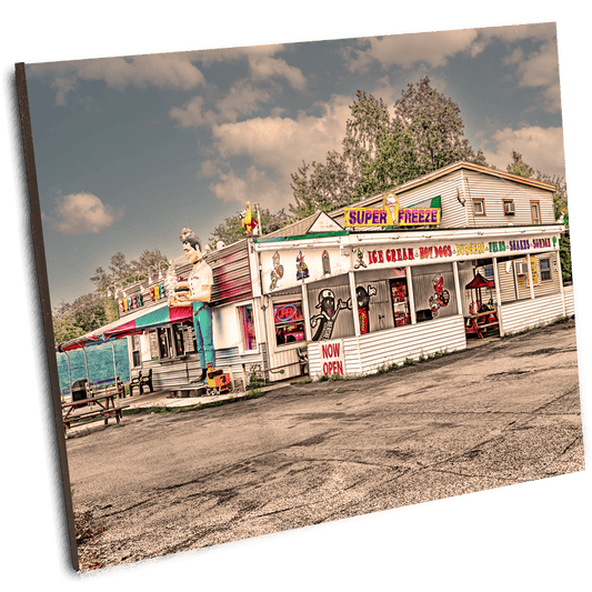 Angled view of Super Freeze Ice Cream Diner - 1950s Art Print, showcasing nostalgic Buffalo landmark perfect for vintage-themed wall art.