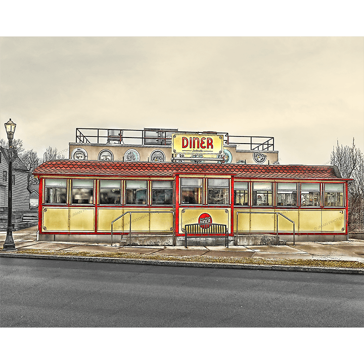 Larkinville Diner - Swan Street Diner Print showcases a retro yellow and red diner in Buffalo NY, perfect for vintage home decor and nostalgia lovers.