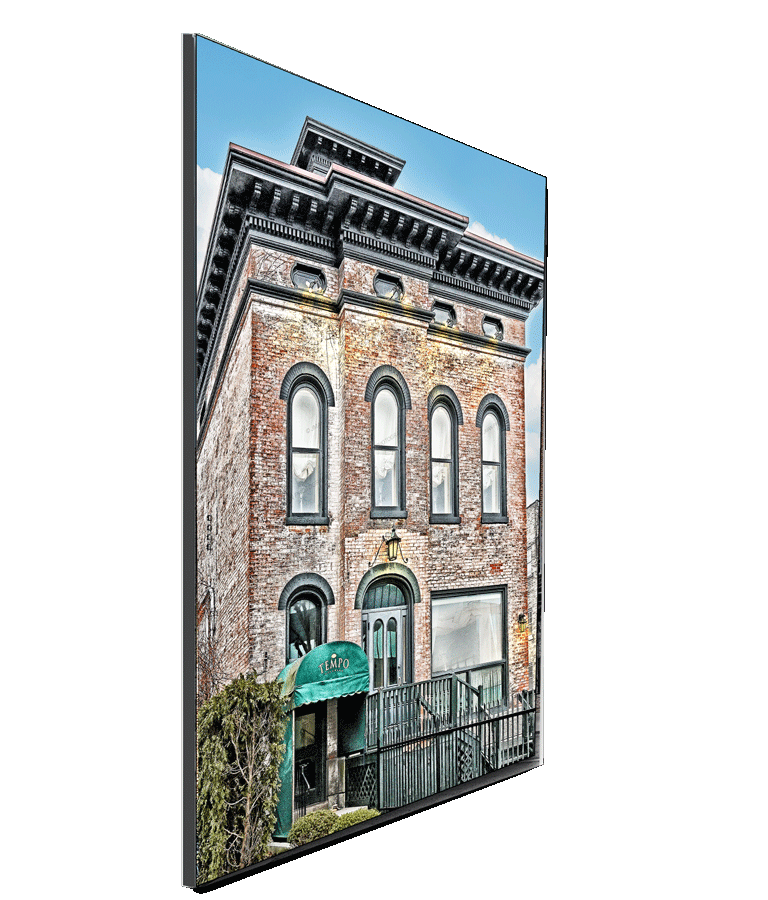 Tempo Restaurant - Buffalo Charm | History & Tradition wall art print features a historic brick building in Allentown with vintage architectural details.