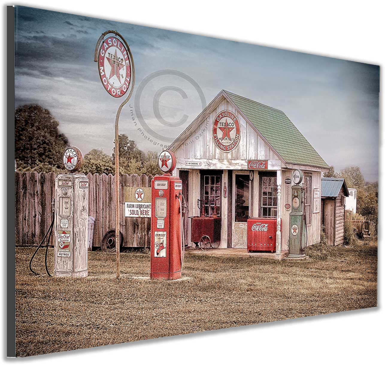 Texaco Station Print - Steampunk Table Lamp Insulator displayed as a high-resolution wall art print of a nostalgic Texaco gas station, ideal for vintage-themed interiors.