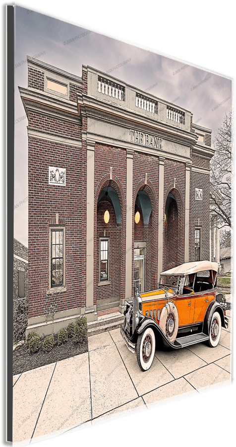 Framed The Bank East Aurora Print - Jman Photography Art showcasing classic architecture and antique car, ideal for Buffalo-WNY home decor.