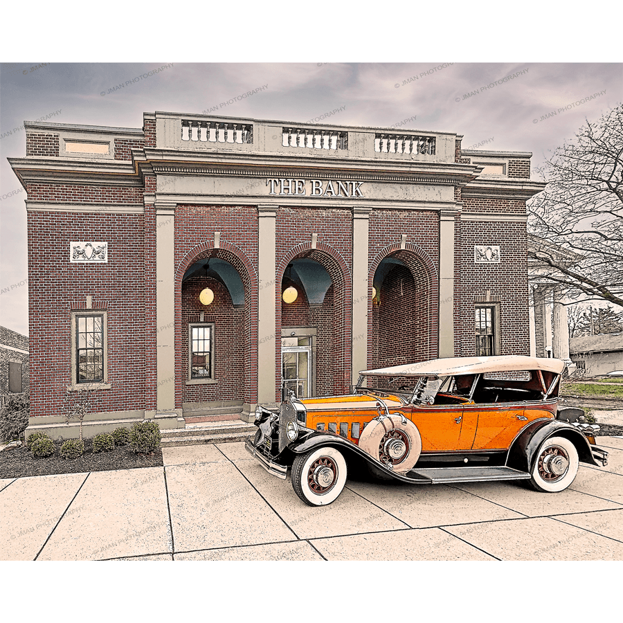 The Bank East Aurora Print - Jman Photography Art features a vintage car parked in front of a historic brick bank building in East Aurora, NY.