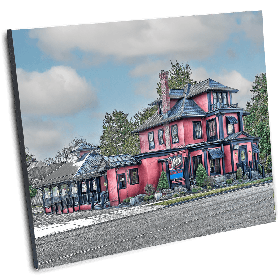 Angled view of The Rock Kitchen and Bar - Buffalo NY | Dine & Discover wall art print, showcasing a colorful transformation of a Buffalo landmark.
