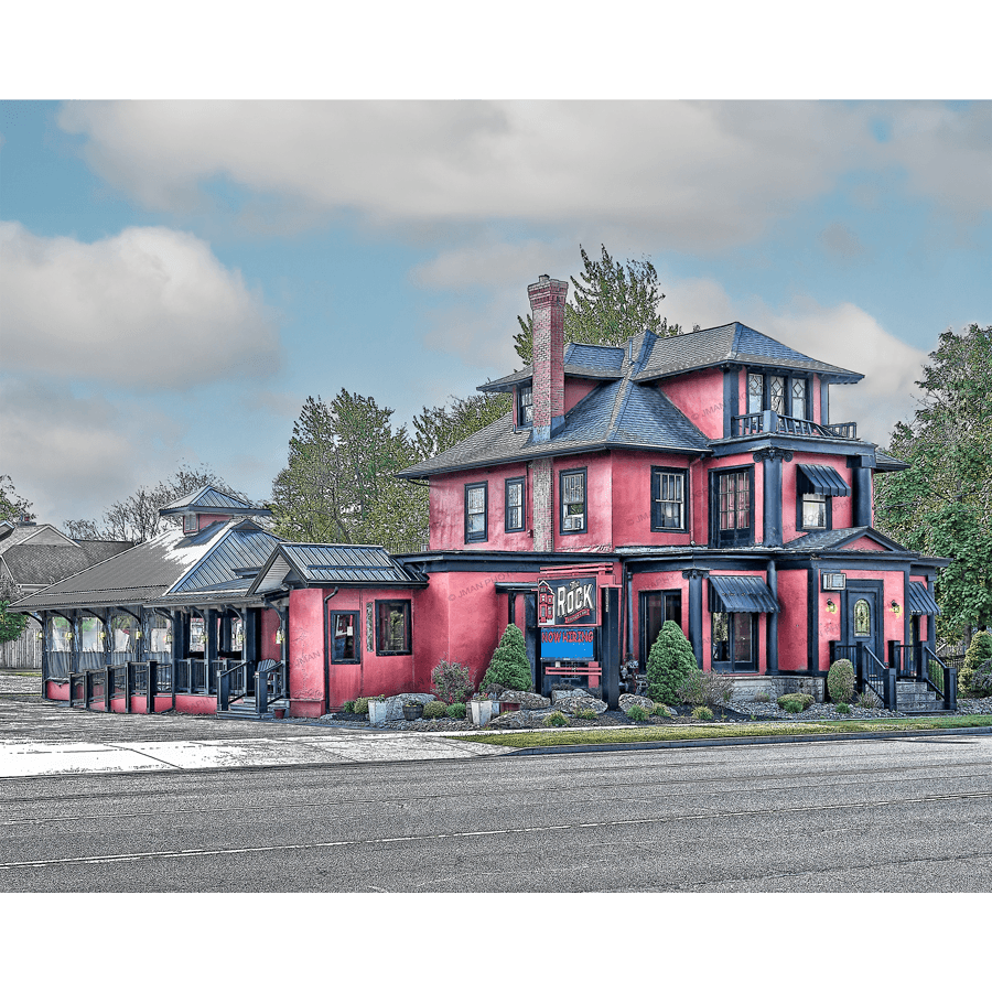The Rock Kitchen and Bar - Buffalo NY | Dine & Discover photo print shows a vibrant red historic house turned restaurant, ideal for Buffalo nostalgia decor.
