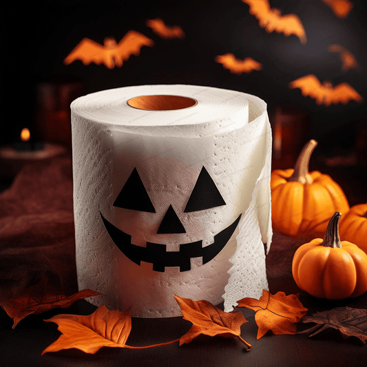 Halloween roll decor featuring a toilet paper roll with a jack-o'-lantern face, surrounded by pumpkins and autumn leaves. Festive bathroom art accent.