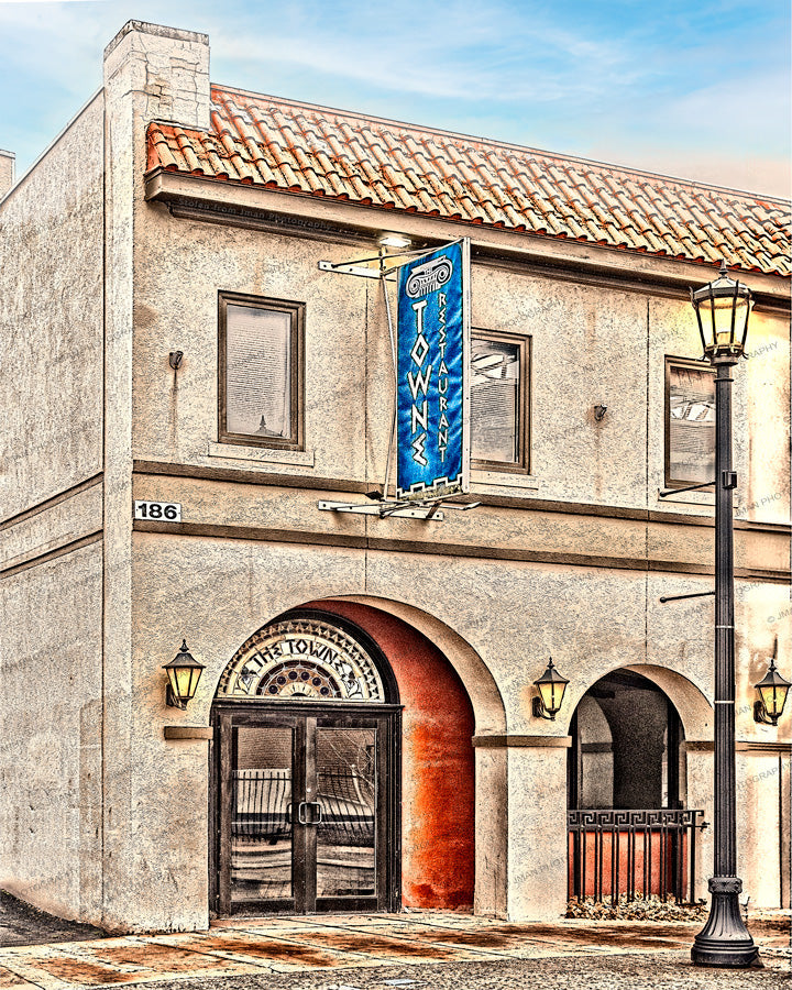Towne Restaurant prints featuring a nostalgic Buffalo landmark with Spanish-style architecture and blue signage, ideal for vintage home decor.