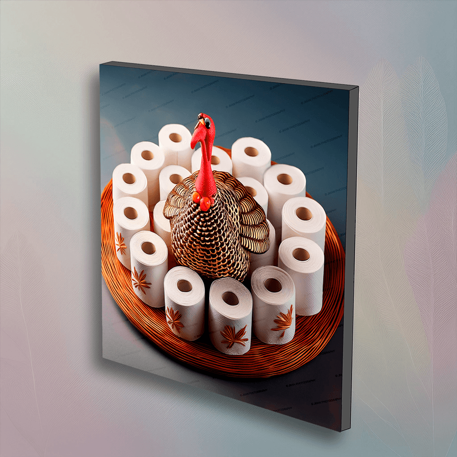 Thanksgiving Toilet Paper wall art featuring a festive turkey centerpiece surrounded by printed toilet paper rolls, perfect for humorous bathroom decor.