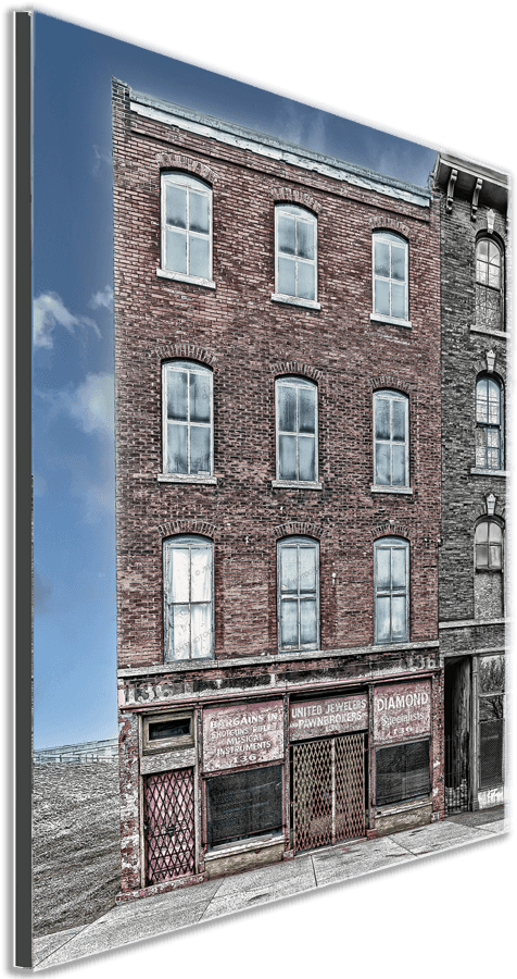 United Jewelers & Pawnbroker's Building wall art captures historic Buffalo architecture in high detail, ideal for nostalgic home or office decor.