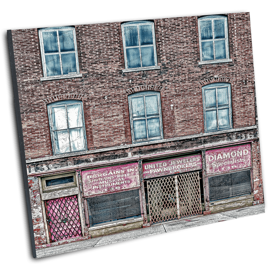 Buffalo NY Building Photography - United Jewelers print features a vintage storefront with faded signage and brick facade, available in 5 sizes.
