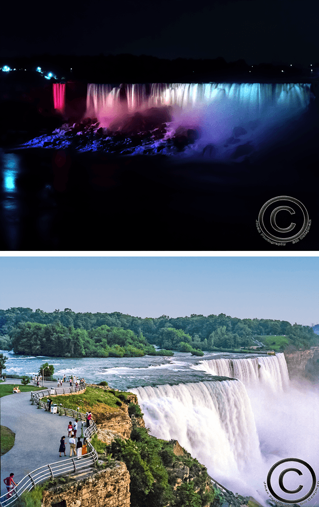 Niagara Falls Photos - Explore and Enjoy | View Online featuring a night view of the falls illuminated in pink and purple, and a scenic daytime overlook with tourists.