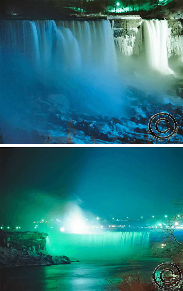 Niagara Falls Photos - Explore and Enjoy | View Online showcasing vibrant blue and green-lit waterfalls at night, perfect for digital collectors and enthusiasts.