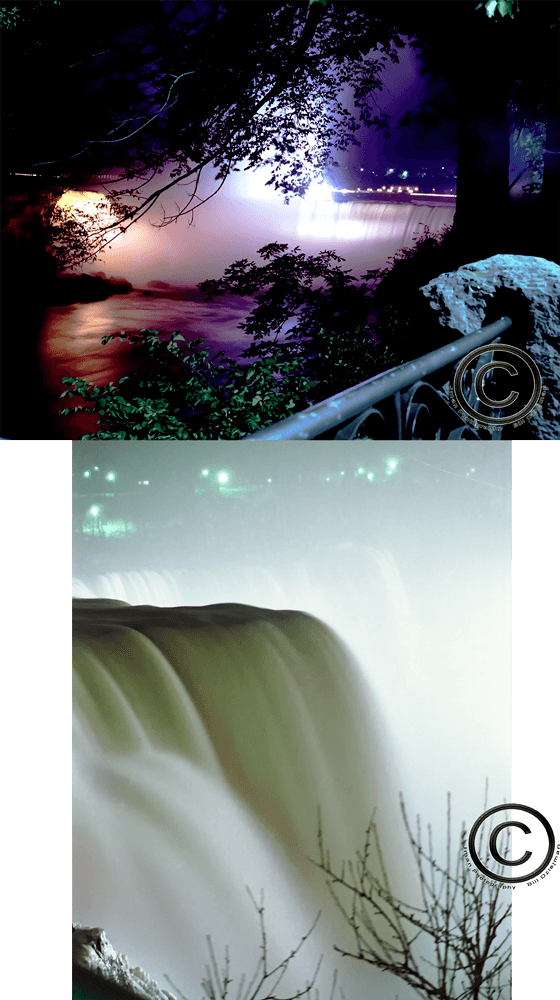 Niagara Falls Photos - Explore and Enjoy | View Online with dramatic night scenes through foliage and misty close-up views of cascading water under soft lighting.