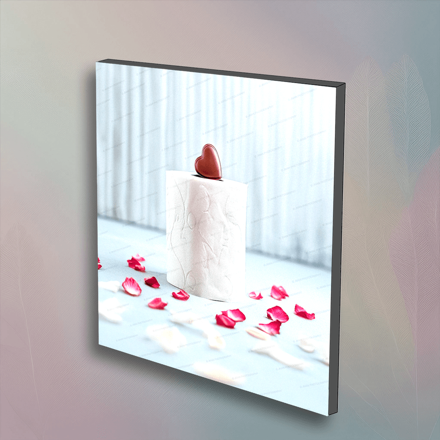 Valentine's Day toilet paper wall art featuring a roll with a heart-shaped chocolate on top, surrounded by rose petals. Unique festive bathroom decor.