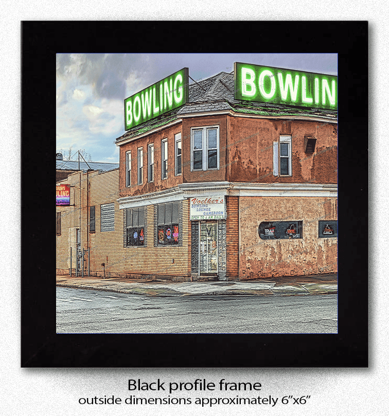 Voelkers Bowling Coaster - Ceramic Coaster | Cork Backing featuring a vintage bowling alley with neon signs in Lockport, NY. Framed 6x6 photo print by Jman Photography.