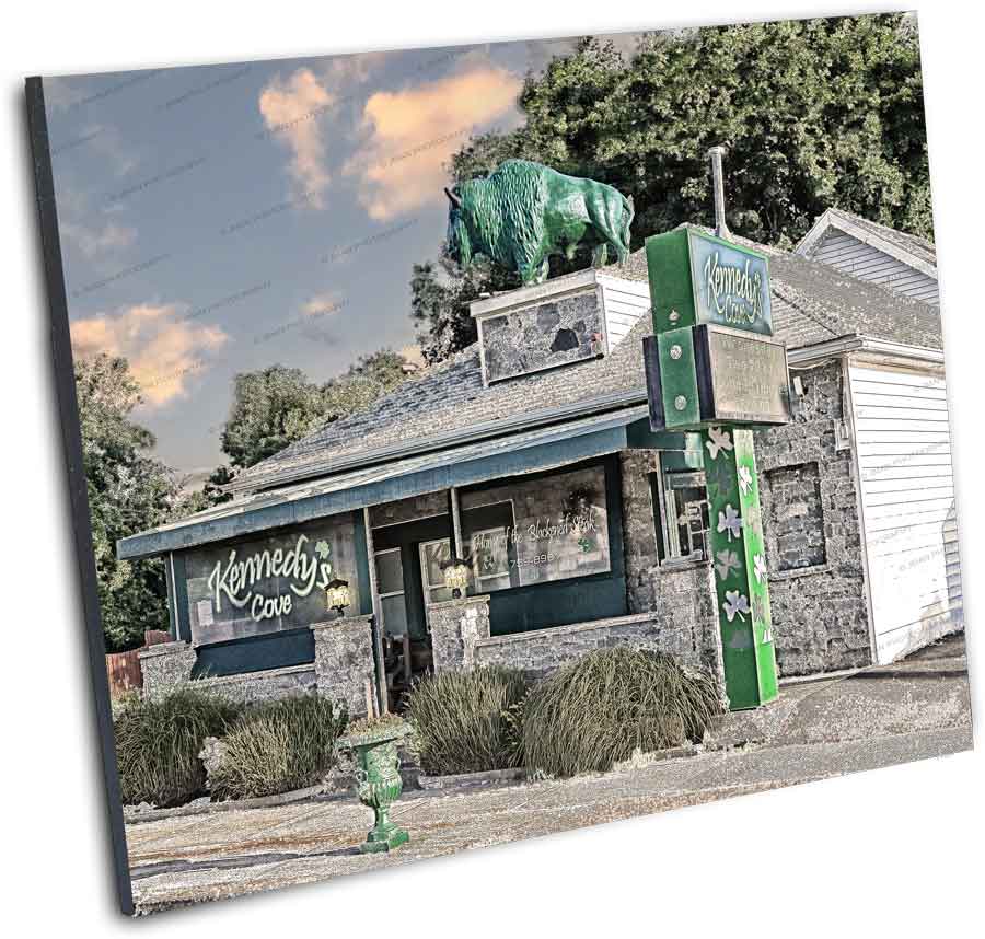 Mounted photo print of Kennedy's Cove restaurant with green buffalo statue, ideal for home or restaurant decor in the Buffalo-WNY region.