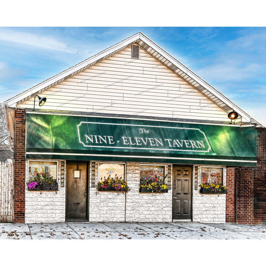 Nine-Eleven Tavern Buffalo NY print featuring iconic green awning and floral window boxes, showcasing best wings in town for Buffalo decor lovers.