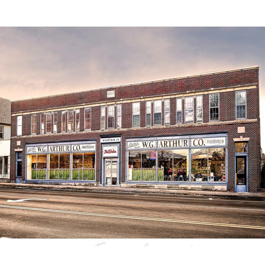 Historic W.G. Arthur Co. storefront in Orchard Park, Buffalo NY, captured in high-resolution by Jman Photography. Ideal for nostalgic wall art décor.