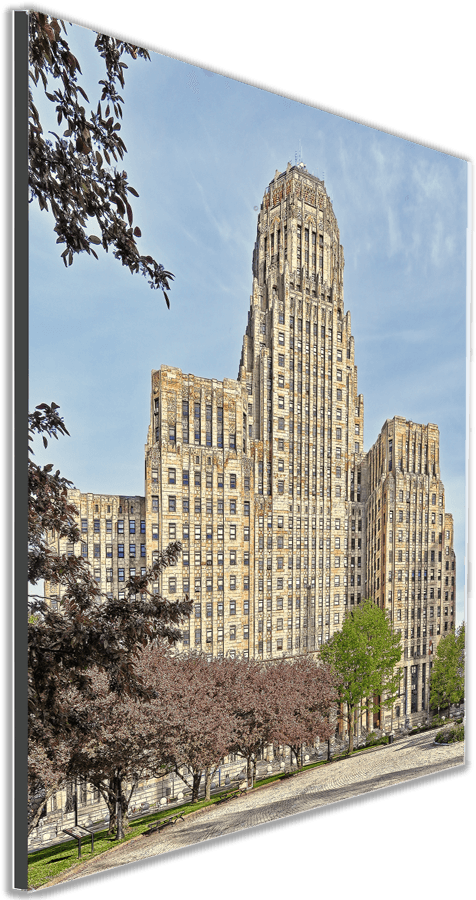 Framed City Hall Springtime - angled view of Buffalo City Hall photo print mounted for display, showcasing historic architecture and spring trees.