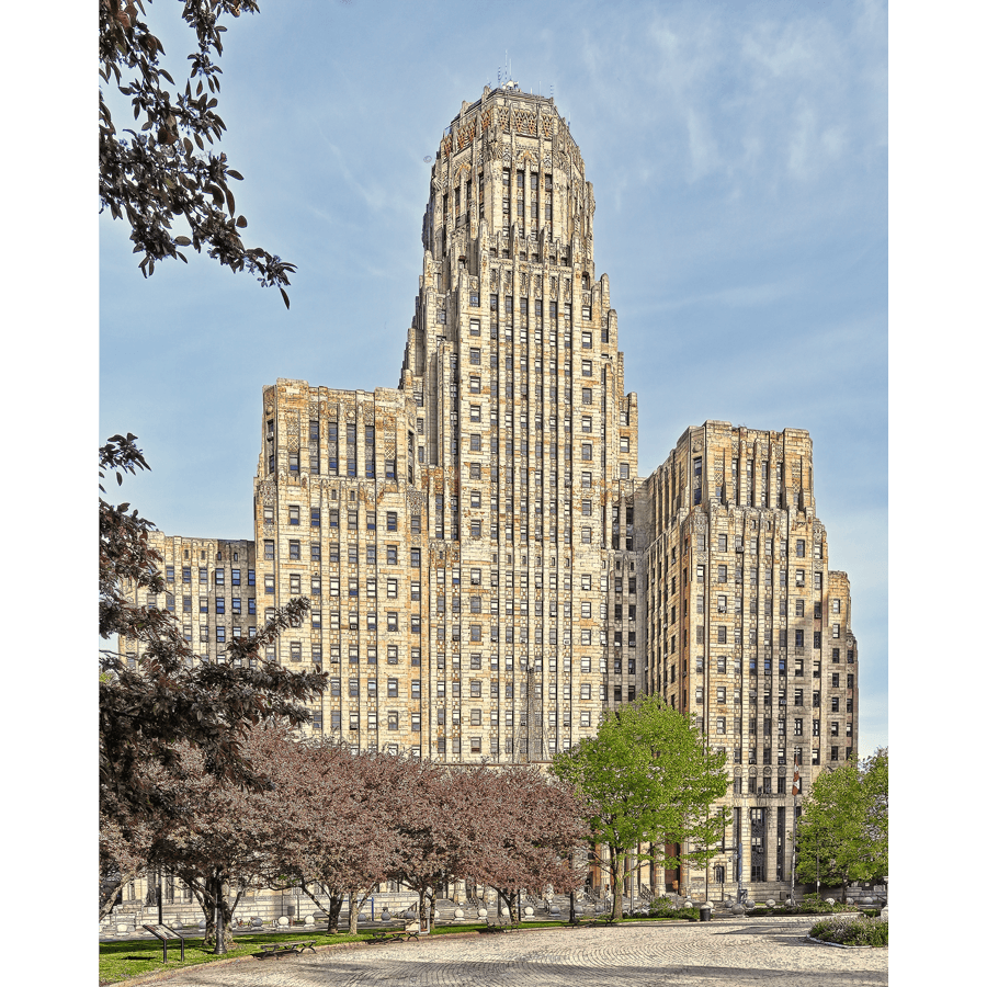 City Hall Springtime - Buffalo City Hall photo featuring Art Deco architecture with blooming cherry blossoms in foreground, ideal for home decor.