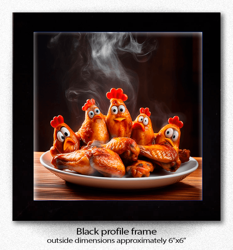 Framed Chicken Wings Coaster with black profile frame, showcasing humorous chicken wings image, perfect for novelty kitchen wall art.