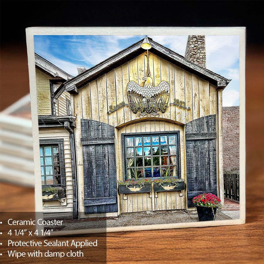 Eagle House Coaster - Ceramic | Scratch-Proof, Cork Backing featuring a historic Buffalo landmark with protective sealant and vivid photo by Jman Photography.