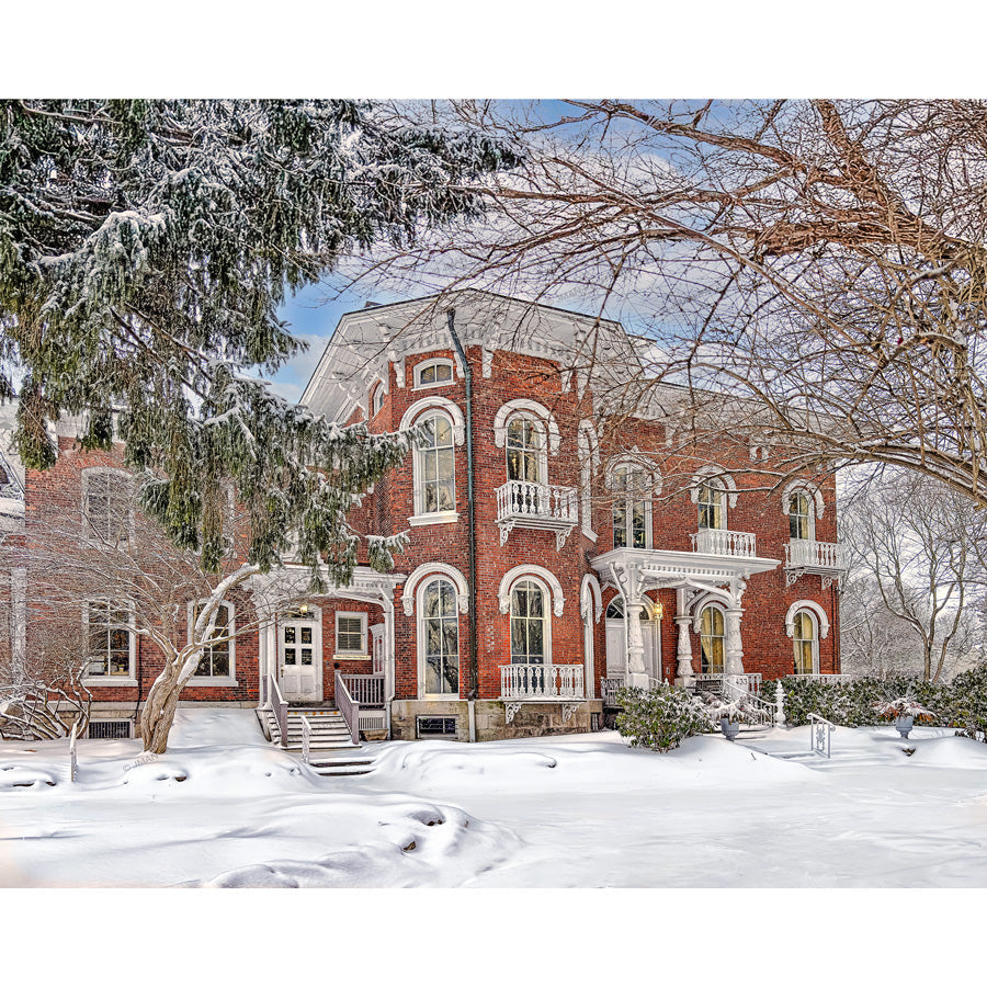 Kenan Center House Photo Print - Lockport NY Winter by Jman shows a snow-covered Victorian brick mansion with arched windows and ornate balconies.