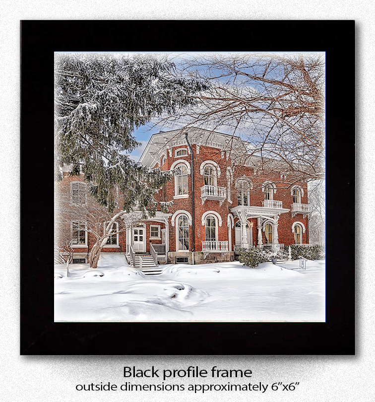 Framed Kenan House Ceramic Coaster with black profile frame, showcasing Buffalo architecture. Approximate outer dimensions are 6” x 6”.