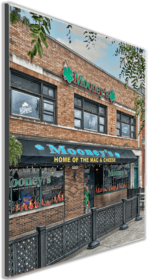 Mounted print of Mooney's Bar & Grill Buffalo photo, showcasing iconic Tonawanda bar with vivid signage and decor. Ideal Buffalo-themed wall art.