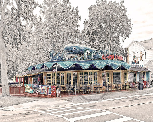 Old Man River Coaster features a ceramic print of the iconic Tonawanda restaurant with whale rooftop decor, ideal for Buffalo history collectors.