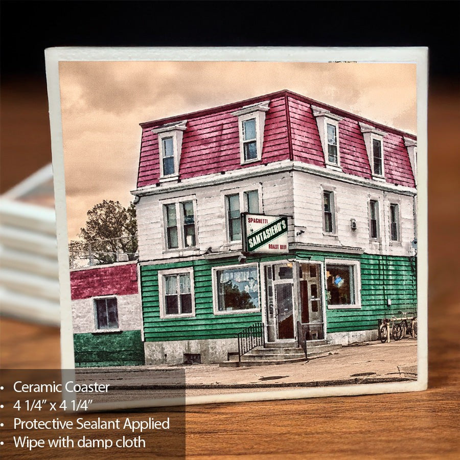 Santasiero's Italian Coaster featuring a vintage photo of the Italian restaurant in Buffalo, NY. Ceramic with protective sealant and cork backing.