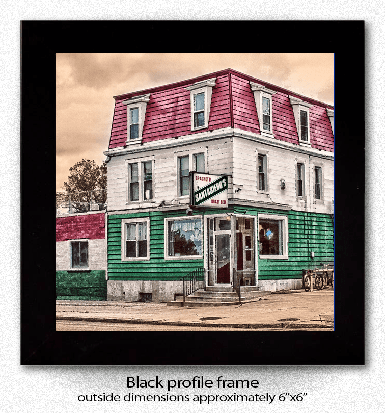 Framed Santasiero's Italian Restaurant Coaster displayed in a black profile frame, ideal for home bar or kitchen decor with Buffalo landmark imagery.
