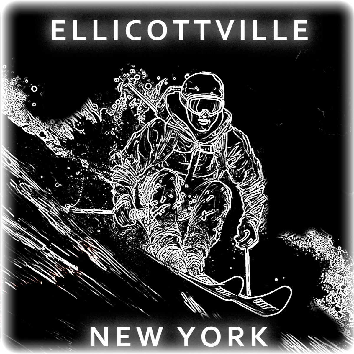 Four instances of a logo with a person skiing, labeled 'Ellicottville, New York', in different color schemes.